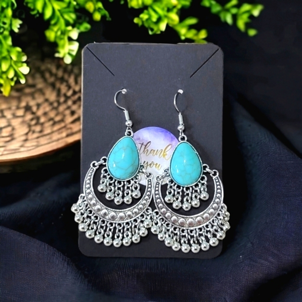 Turquoise Resin And Silver Tone Drop Boho Earrings